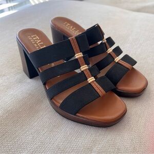 Italian Shoemakers Black Elastic Band Slip On Block Heels Mule Wood Look Shoe 6